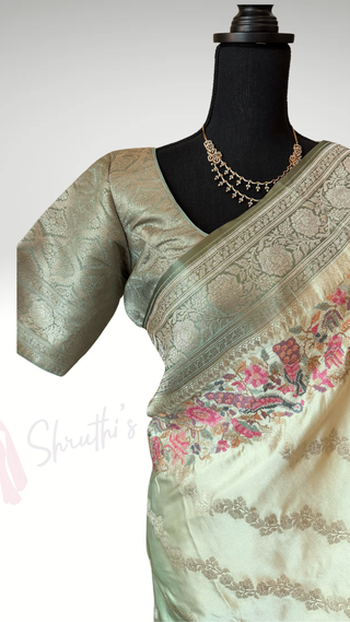 Handloom Pastel green shaded Pure silk Easy drape embroidered borders and pallu silk handwoven blouse border