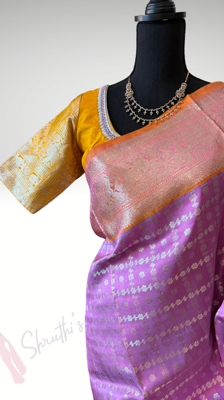 Lavender  Venkatagiri pure silk silver  zari with stitched blouse hand embroidered contrast blouse
