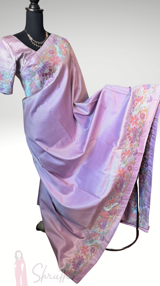 Bridal lavender silver zari silk brocade saree silk pure embroidered silk handwoven  Indian saree with stitched blouse Handloom USA