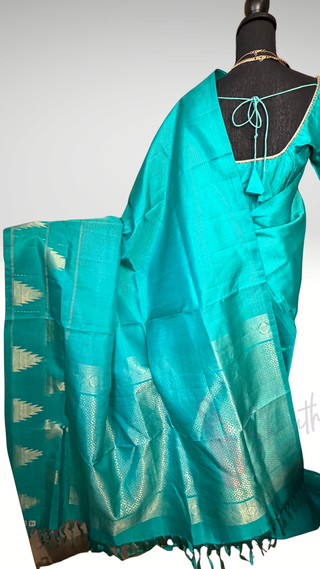 Pure Soft Silk Saree Teal green silk saree with embroidered  Stitched Blouse Indian handloom wedding pattu Saree Online USA Ready to Ship Saree Online USA Easy Drape