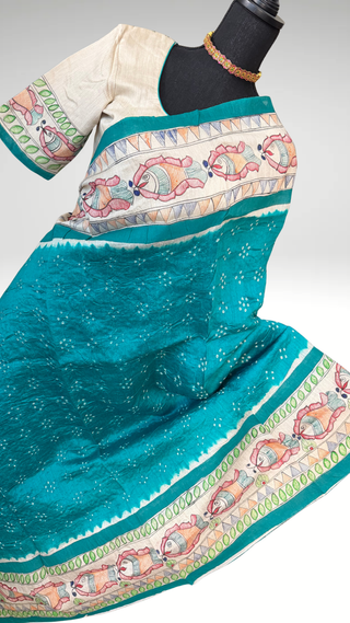 Tussar silk bandhej saree with hand painted madhubani pallu silk blouses