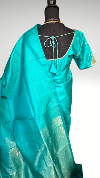 Pure Soft Silk Saree Teal green silk saree with embroidered  Stitched Blouse Indian handloom wedding pattu Saree Online USA Ready to Ship Saree Online USA Easy Drape