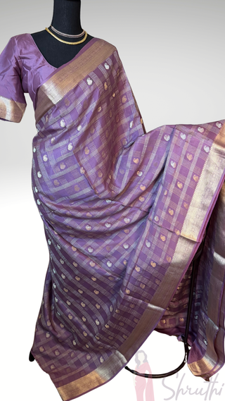 Handloom Pastel’s Lavender Georgette checks  Beneras silk saree with stitched blouse  online shopping Partywear