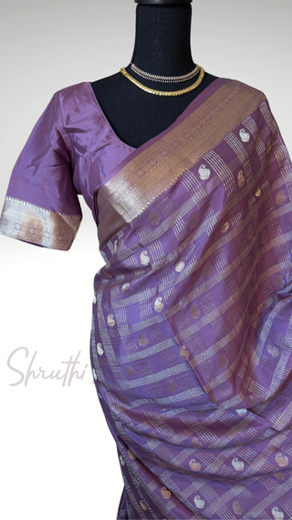 Handloom Pastel’s Lavender Georgette checks  Beneras silk saree with stitched blouse  online shopping Partywear