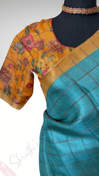 Teal Tussar pure silk saree kalamkari blouse with pure handloom saree Handloom silk Tussar with silk blouses zari borders and fine checks Partywear bridesmaid