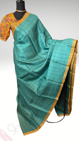 Teal Tussar pure silk saree kalamkari blouse with pure handloom saree Handloom silk Tussar with silk blouses zari borders and fine checks Partywear bridesmaid