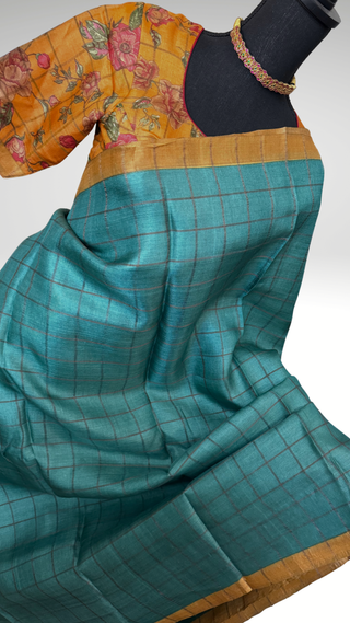 Teal Tussar pure silk saree kalamkari blouse with pure handloom saree Handloom silk Tussar with silk blouses zari borders and fine checks Partywear bridesmaid