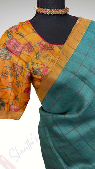 Teal Tussar pure silk saree kalamkari blouse with pure handloom saree Handloom silk Tussar with silk blouses zari borders and fine checks Partywear bridesmaid