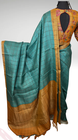 Teal Tussar pure silk saree kalamkari blouse with pure handloom saree Handloom silk Tussar with silk blouses zari borders and fine checks Partywear bridesmaid