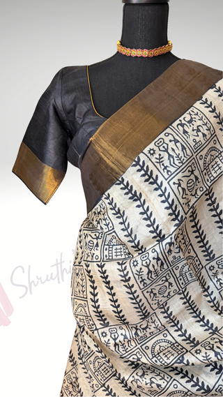 Black Tussar soft Tussar saree with stitched blouse gold zari borders