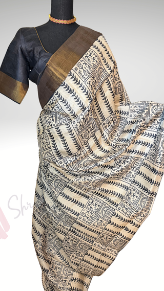 Black Tussar soft Tussar saree with stitched blouse gold zari borders