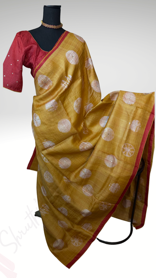 Handwoven Tussar painted pichwai one of kind print tussar silk saree  online and prestitched blouse
