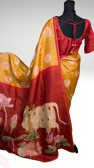 Handwoven Tussar painted pichwai one of kind print tussar silk saree  online and prestitched blouse