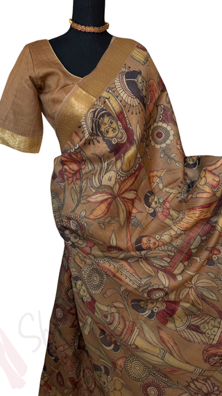 Handwoven pichwai kalamkari Light brown one of kind printed elegant tussar silk saree zari borders online and prestitched blouse