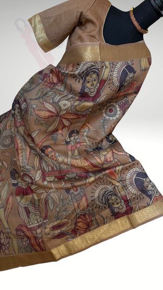 Handwoven pichwai kalamkari Light brown one of kind printed elegant tussar silk saree zari borders online and prestitched blouse