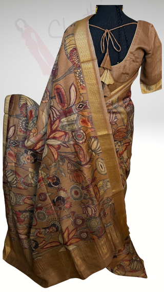 Handwoven pichwai kalamkari Light brown one of kind printed elegant tussar silk saree zari borders online and prestitched blouse