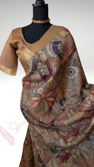 Handwoven pichwai kalamkari Light brown one of kind printed elegant tussar silk saree zari borders online and prestitched blouse