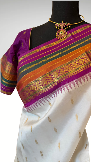 Pure  Gadwal saree white purple  lavender  Gadwal with stitched blouse silk  saree