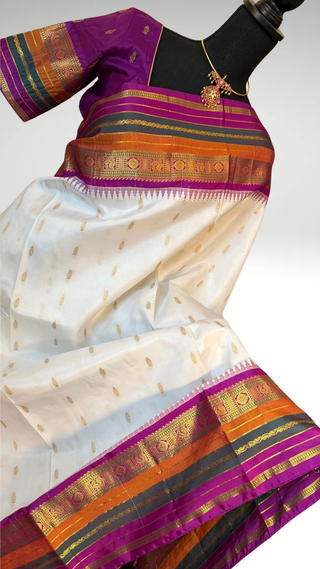Pure  Gadwal saree white purple  lavender  Gadwal with stitched blouse silk  saree