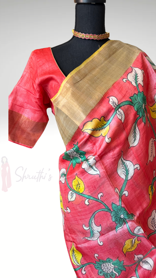 Pink Tussar soft Tussar saree with stitched blouse gold zari borders
