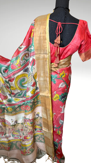 Pink Tussar soft Tussar saree with stitched blouse gold zari borders
