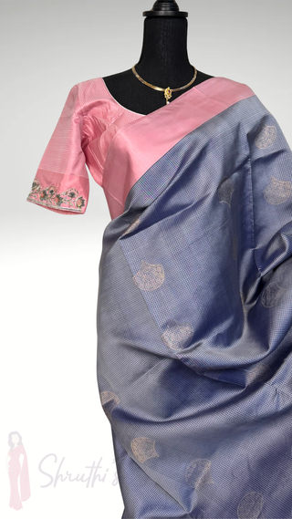Pure Handloom Soft Silk Saree Grey to pink silk saree with embroidered  Stitched Blouse Indian handloom wedding pattu Saree Online USA Ready to Ship Saree Online USA Easy Drape