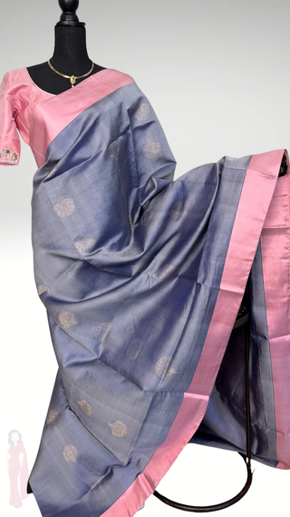 Pure Handloom Soft Silk Saree Grey to pink silk saree with embroidered  Stitched Blouse Indian handloom wedding pattu Saree Online USA Ready to Ship Saree Online USA Easy Drape