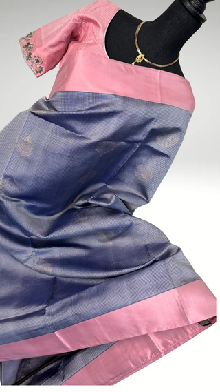 Pure Handloom Soft Silk Saree Grey to pink silk saree with embroidered  Stitched Blouse Indian handloom wedding pattu Saree Online USA Ready to Ship Saree Online USA Easy Drape