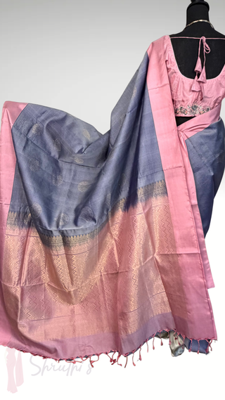 Pure Handloom Soft Silk Saree Grey to pink silk saree with embroidered  Stitched Blouse Indian handloom wedding pattu Saree Online USA Ready to Ship Saree Online USA Easy Drape