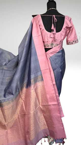 Pure Handloom Soft Silk Saree Grey to pink silk saree with embroidered  Stitched Blouse Indian handloom wedding pattu Saree Online USA Ready to Ship Saree Online USA Easy Drape