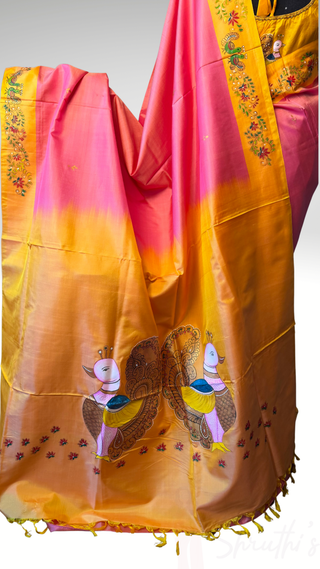 Tanjore Hand painted handloomsaree peach Kanchi pattu yellow saree with gold pallu easy drape pure silk saree usa