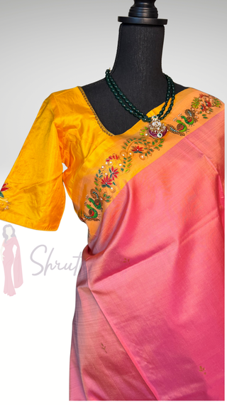 Tanjore Hand painted handloomsaree peach Kanchi pattu yellow saree with gold pallu easy drape pure silk saree usa