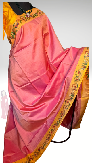 Tanjore Hand painted handloomsaree peach Kanchi pattu yellow saree with gold pallu easy drape pure silk saree usa