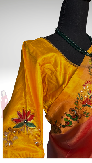 Tanjore Hand painted handloomsaree peach Kanchi pattu yellow saree with gold pallu easy drape pure silk saree usa