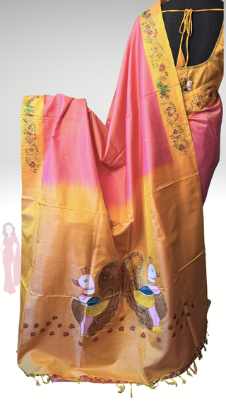 Tanjore Hand painted handloomsaree peach Kanchi pattu yellow saree with gold pallu easy drape pure silk saree usa