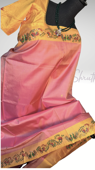 Tanjore Hand painted handloomsaree peach Kanchi pattu yellow saree with gold pallu easy drape pure silk saree usa