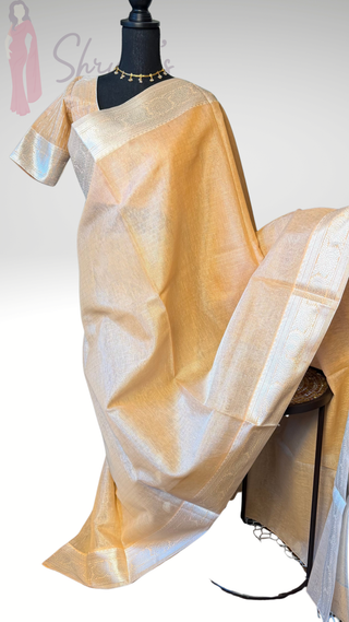 Pastel Tissue Kota Lenin saree with printed blouse online usa