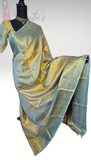 Kalyana pattu wedding Handloom Green Kanjivaram Gold Tissue  Brocade Pure silk pattumuhurtam saree  Kanjivaram silk saree with prestitched blouse.