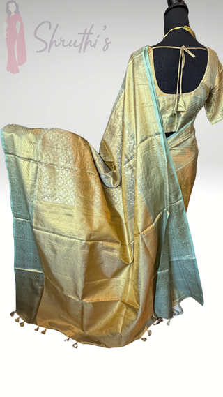 Kalyana pattu wedding Handloom Green Kanjivaram Gold Tissue  Brocade Pure silk pattumuhurtam saree  Kanjivaram silk saree with prestitched blouse.