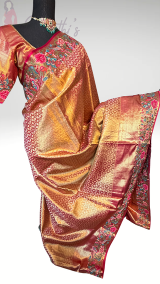 Kalyana pattu wedding Handloom  Kanjivaram Gold Tissue  Brocade embroidery sareePure silk pattumuhurtam saree  Kanjivaram silk saree with prestitched blouse.