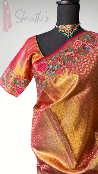 Kalyana pattu wedding Handloom  Kanjivaram Gold Tissue  Brocade embroidery sareePure silk pattumuhurtam saree  Kanjivaram silk saree with prestitched blouse.