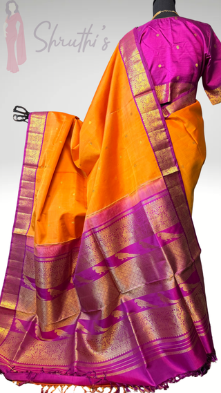 Pure kanjivaram vintage small border Orange purple  Kanchi pattu saree gold silver zari Indian wedding saree pure silk saree with stitched blouse usa online shopping