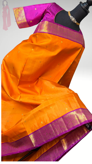 Pure kanjivaram vintage small border Orange purple  Kanchi pattu saree gold silver zari Indian wedding saree pure silk saree with stitched blouse usa online shopping