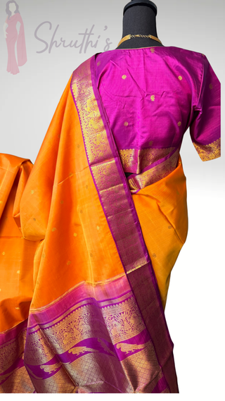 Pure kanjivaram vintage small border Orange purple  Kanchi pattu saree gold silver zari Indian wedding saree pure silk saree with stitched blouse usa online shopping