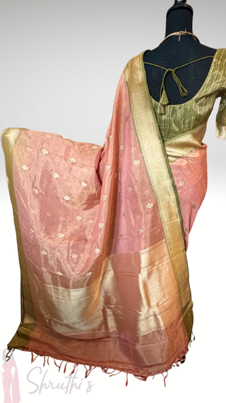 Banaras Pure Tissue Silk Saree in Peach and Olive Green with Gold Zari Border – Ready to Wear Online USA