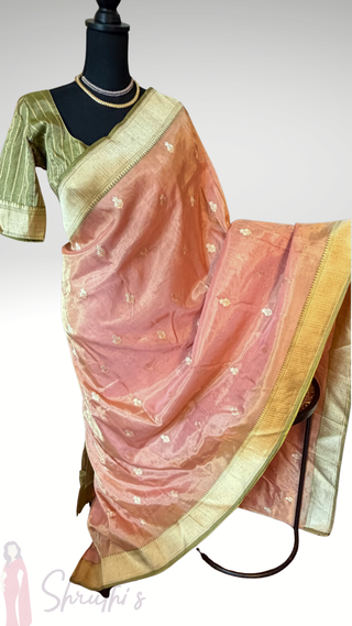 Banaras Pure Tissue Silk Saree in Peach and Olive Green with Gold Zari Border – Ready to Wear Online USA