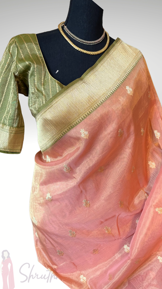 Banaras Pure Tissue Silk Saree in Peach and Olive Green with Gold Zari Border – Ready to Wear Online USA
