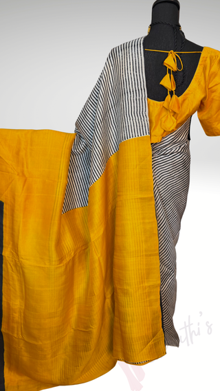 Yellow handloom Tussar silk with stitched blouse stripe saree