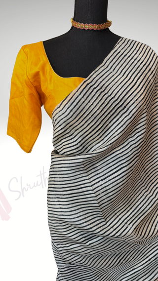 Yellow handloom Tussar silk with stitched blouse stripe saree