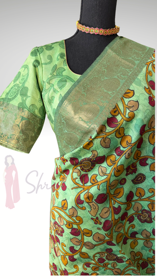 Handwoven pen kalamkari printed of kind silk saree  online and prestitched blouse
